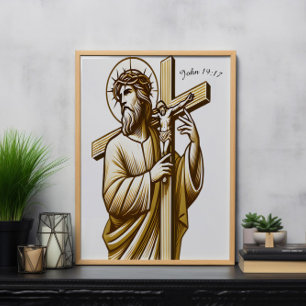Jesus Holding Gold Cross in Devotion Poster