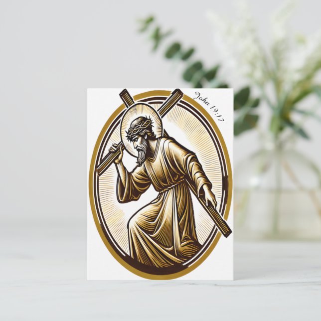 Jesus Holding Gold Cross Reverently Postcard (Standing Front)