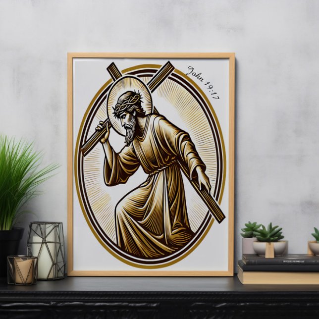 Jesus Holding Gold Cross Reverently Poster (Creator Uploaded)