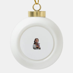 Jesus Holding Moo Deng_ Art Blending Whimsy Faith Ceramic Ball Christmas Ornament