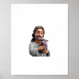 Jesus Holding Moo Deng_ Art Blending Whimsy Faith  Poster