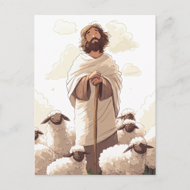 Jesus Holding Shepherd Staff Surrounded by Lambs Postcard (Front)