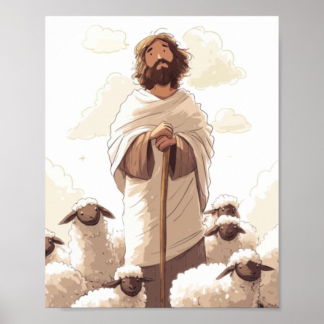 Jesus Holding Shepherd Staff Surrounded by Lambs Poster (Front)