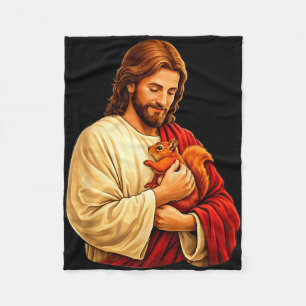 Jesus holding squirrel christian fleece blanket