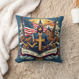 Jesus holds a cross with symbols of faith and hope cushion