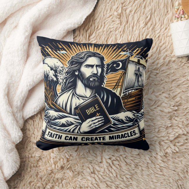Jesus holds the Bible amidst stormy seas and ships Cushion (Blanket)