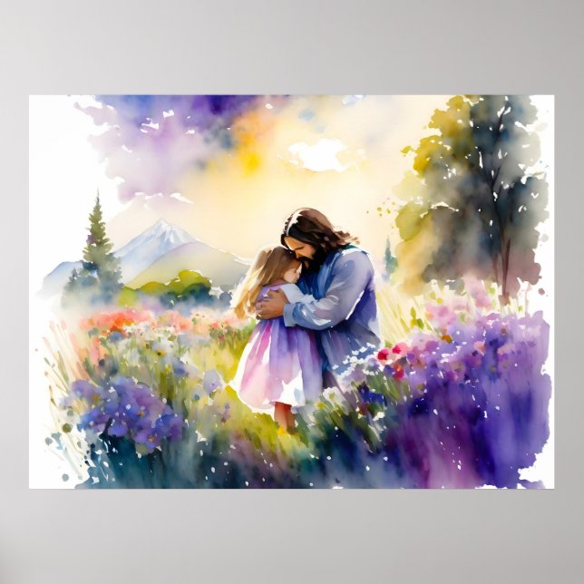 Jesus Hugging A Girl In The Flower Garden Poster (Front)