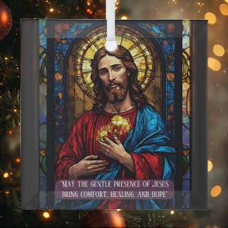 Jesus Icon of Healing Religious Christmas Quote  Glass Tree Decoration