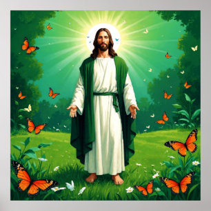 Jesus in a Garden Surrounded by Butterflies Poster
