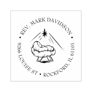 Jesus in Manger Christmas Star Religious Rubber Stamp