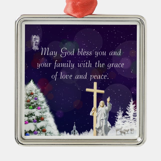 Jesus in Snow Metal Tree Decoration (Front)