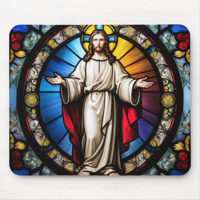 Jesus in stained glass style mouse mat (Front)