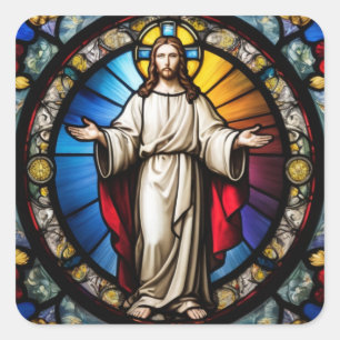 Jesus in stained glass style square sticker