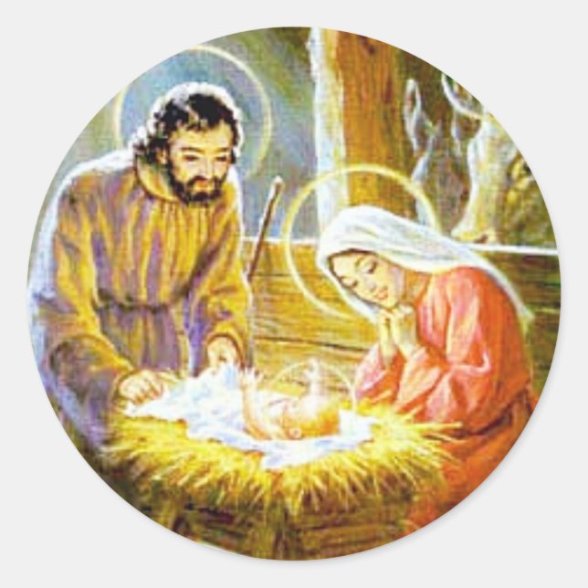 Jesus In The Manger Christmas Nativity Classic Round Sticker (Front)