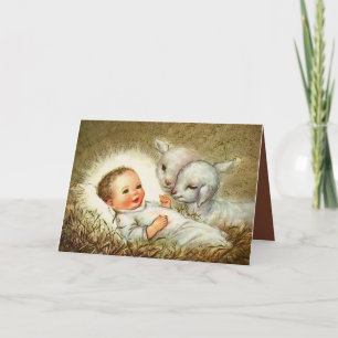 Jesus in the Manger with Sheep Card