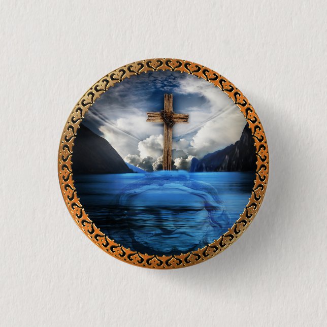 Jesus in the ocean with a wooded cross 3 cm round badge (Front)
