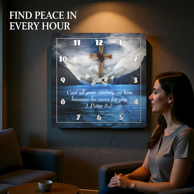 Jesus in the rippling water  1 Peter 5:7 Square Wall Clock (Creator Uploaded)