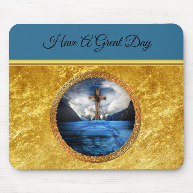 Jesus in the sea with a wood cross and gold foil mouse mat (Front)