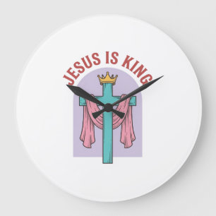 Jesus Is King Cross Crown Vintage Christian T-Shir Large Clock