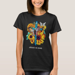 Jesus is King Cross Sunflowers Butterflies Christi T-Shirt