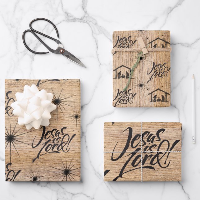 Jesus is Lord Christmas Christian Nativity Wood Wrapping Paper Sheet (Front)