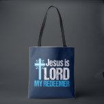 Jesus is Lord My Redeemer Christian Cross Church Tote Bag<br><div class="desc">Jesus is Lord,  My Redeemer. A beautiful Christian gift with a pretty blue cross next to an inspirational bible verse. I love this Christianity quote.</div>