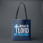 Jesus is Lord My Redeemer Christian Cross Church Tote Bag<br><div class="desc">Jesus is Lord,  My Redeemer. A beautiful Christian gift with a pretty blue cross next to an inspirational bible verse. I love this Christianity quote.</div>