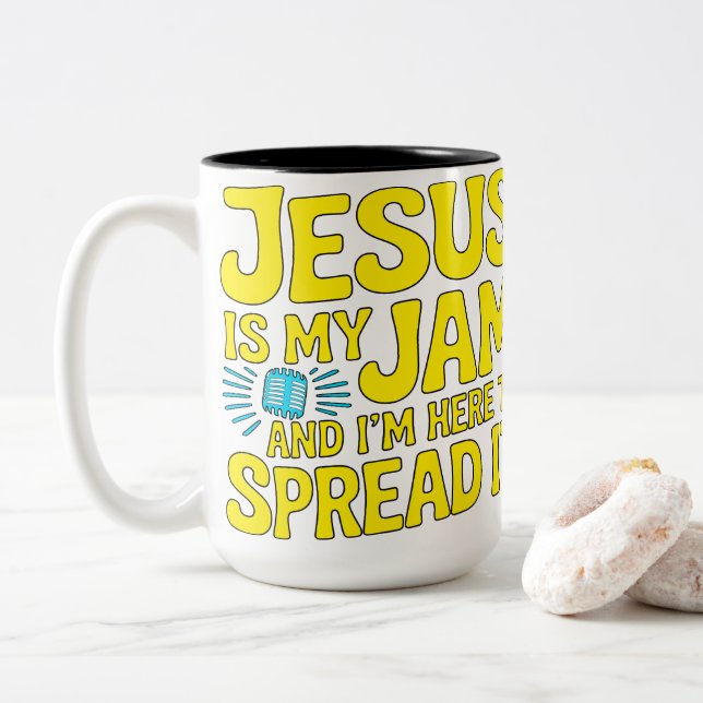 Jesus Is My Jam Funny Christian Faith Music Two-Tone Coffee Mug (With Donut)