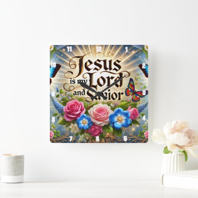 Jesus Is My Lord And Saviour Floral Butterflies Square Wall Clock (Home)