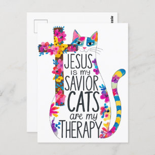 Jesus Is My Saviour Cats Are My Therapy Funny Postcard