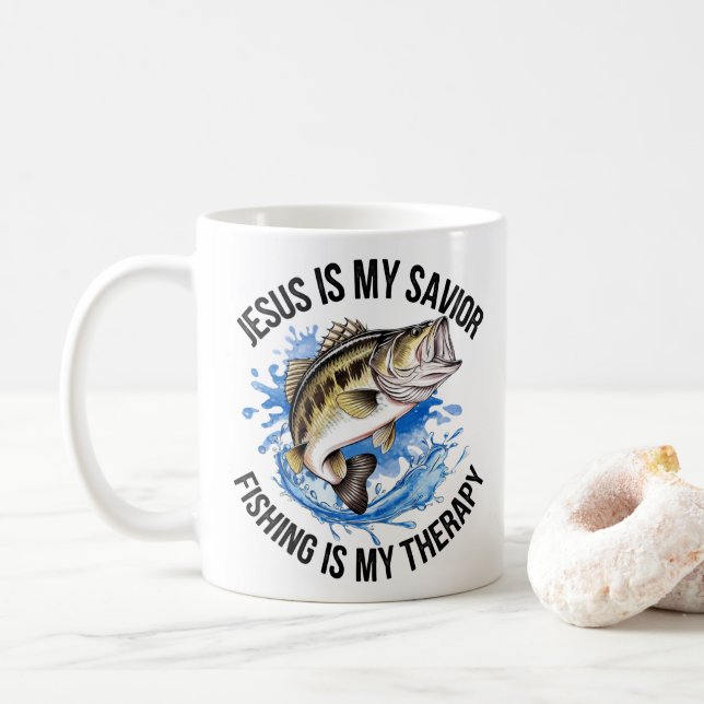 Jesus is My Saviour Fishing is My Therapy Coffee Mug (With Donut)