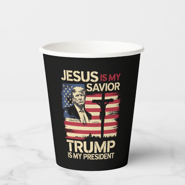 Jesus Is My Saviour Trump Is My President USA Flag Paper Cups (Front)