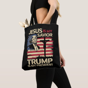 Jesus Is My Saviour Trump Is My President USA Flag Tote Bag