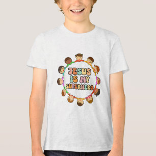 Jesus Is My Superhero Christian Toddler Sister Bro Tri-Blend Shirt