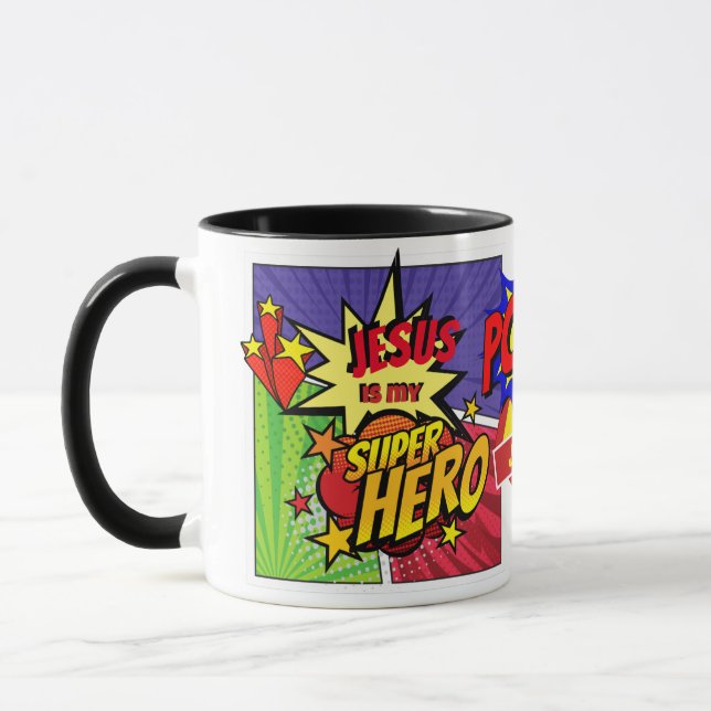 JESUS Is My SUPERHERO Personalised COMIC HERO Mug (Left)