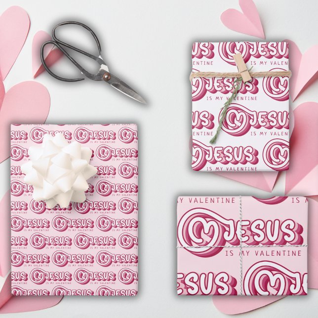 Jesus Is My Valentine Christian Retro Pink Red Wrapping Paper Sheet (Creator Uploaded)