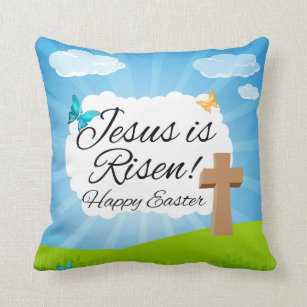 Christian Clothing Design Co He Is Risen Cross Multicolor Bible Verse Saying-Christian Throw Pillow 16x16