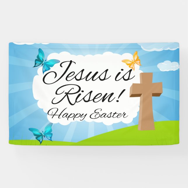 Jesus is Risen, Colourful Easter Christian Church Banner (Horizontal)