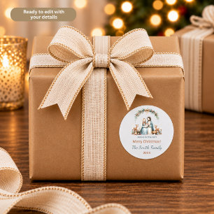 Jesus is the Gift Blue Nativity Scene Personalised Classic Round Sticker