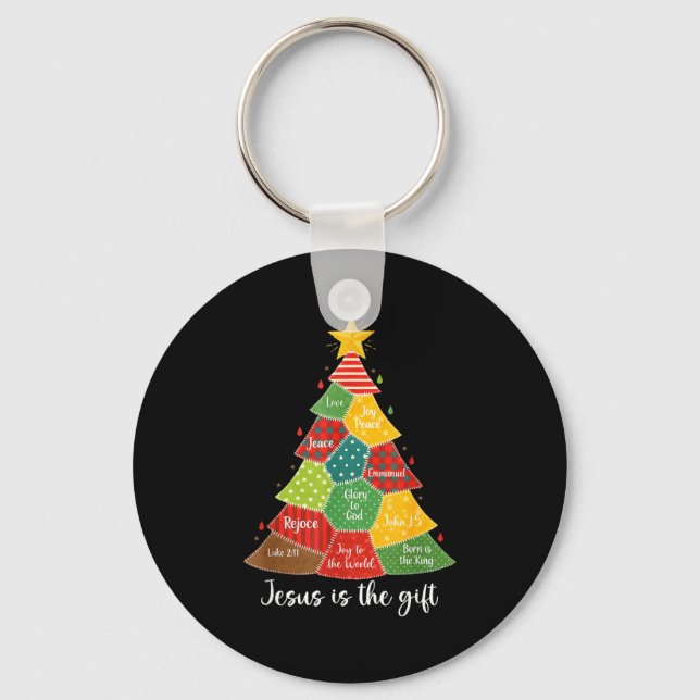 Jesus Is The Gift Christmas Tree Patchwork Scriptu Key Ring (Front)