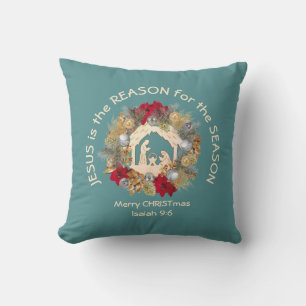 JESUS IS THE REASON Blue Christian Throw Pillow