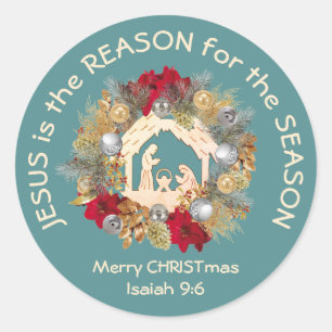 JESUS IS THE REASON Blue Christmas Classic Round Sticker
