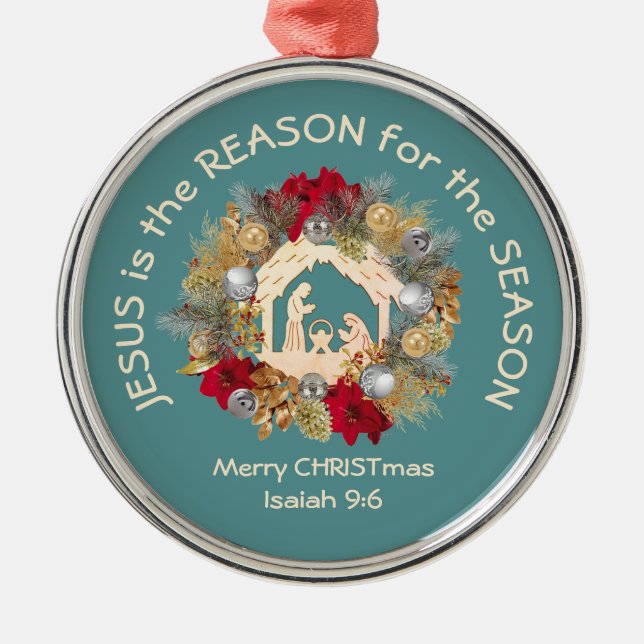 JESUS IS THE REASON Blue Christmas Metal Tree Decoration (Front)