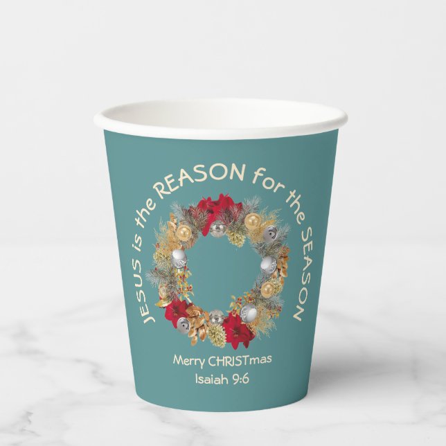 JESUS IS THE REASON Blue Christmas Nativity Paper Cups (Front)