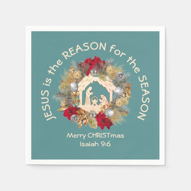 JESUS IS THE REASON Blue Christmas Paper Napkins (Front)