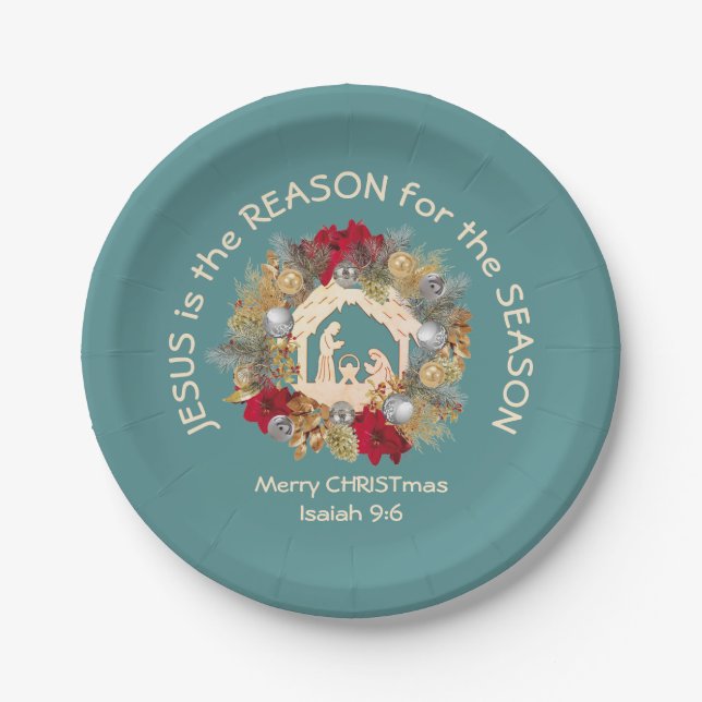 JESUS IS THE REASON Blue Christmas Paper Plate (Front)