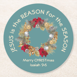 JESUS IS THE REASON Blue Christmas Round Paper Coaster