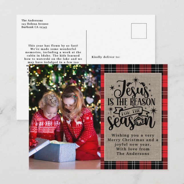 Jesus is the Reason for the Season Buffalo Plaid H Holiday Postcard (Front/Back)