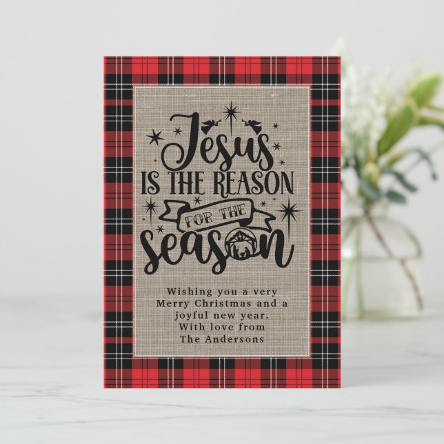 Jesus is the Reason for the Season Buffalo Plaid Holiday Card (Standing Front)