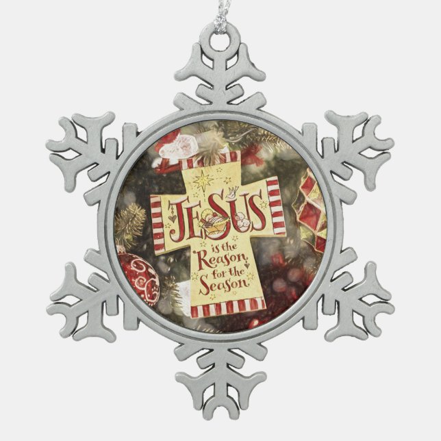 Jesus is the reason for the season snowflake pewter christmas ornament (Front)
